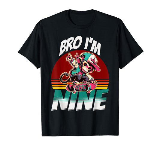 Bro I'm Nine 9th Birthday Monkey Lovers Skateboard Bday T-Shirt