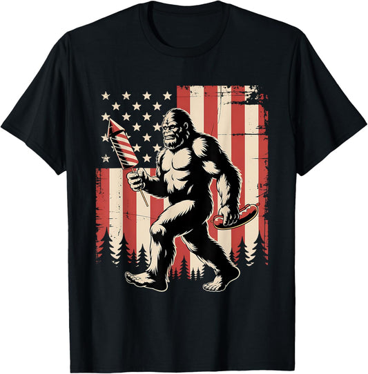 Bigfoot Fireworks July 4th Men patriotic Sasquatch US Flag T-Shirt