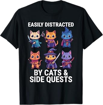 Easily Distracted By Cats And Side Quests Funny Gamer T-Shirt