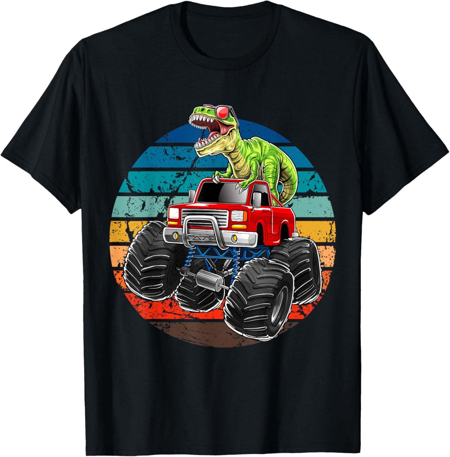 Retro Monster Truck Dinosaur Vintage Sunset Gift for Boys T-Shirt