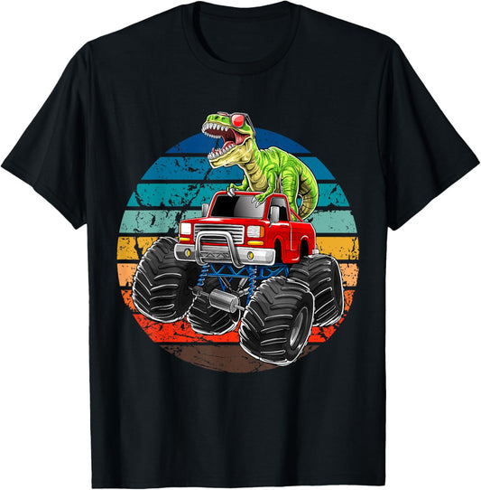 Retro Monster Truck Dinosaur Vintage Sunset Gift for Boys T-Shirt