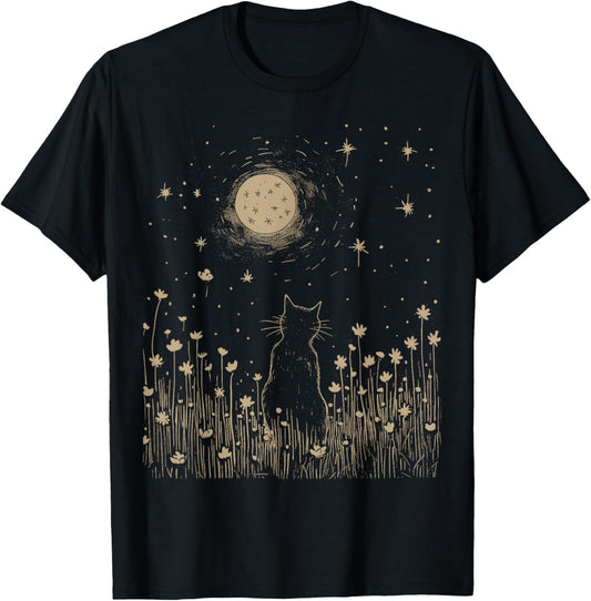 Floral Black Cat Moon Halloween Cottagecore Aesthetic T-Shirt