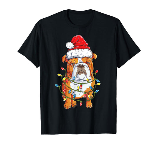 English Bulldog Santa Christmas Tree Lights Xmas Boys Dog T-Shirt