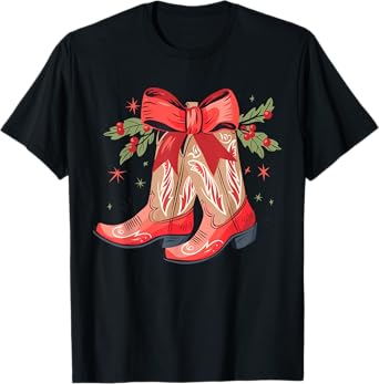 Merry And Bright Cowgirl Boot Christmas Western Cowboy T-Shirt