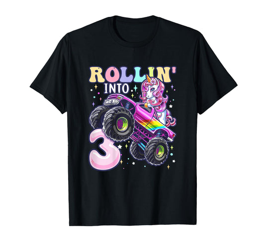 Unicorn Monster Truck 3rd Birthday 3 Year Old Girls Party T-Shirt