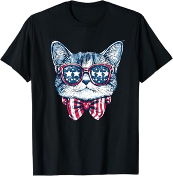 Funny Meowica Sunglasses Cat Face 4th Of July Patriotic Men Women Kids T-Shirt