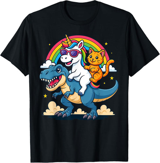 Cat Unicorn Riding Dinosaur T rex Kitten Lover Dinosaur Men Women Kids T-Shirt