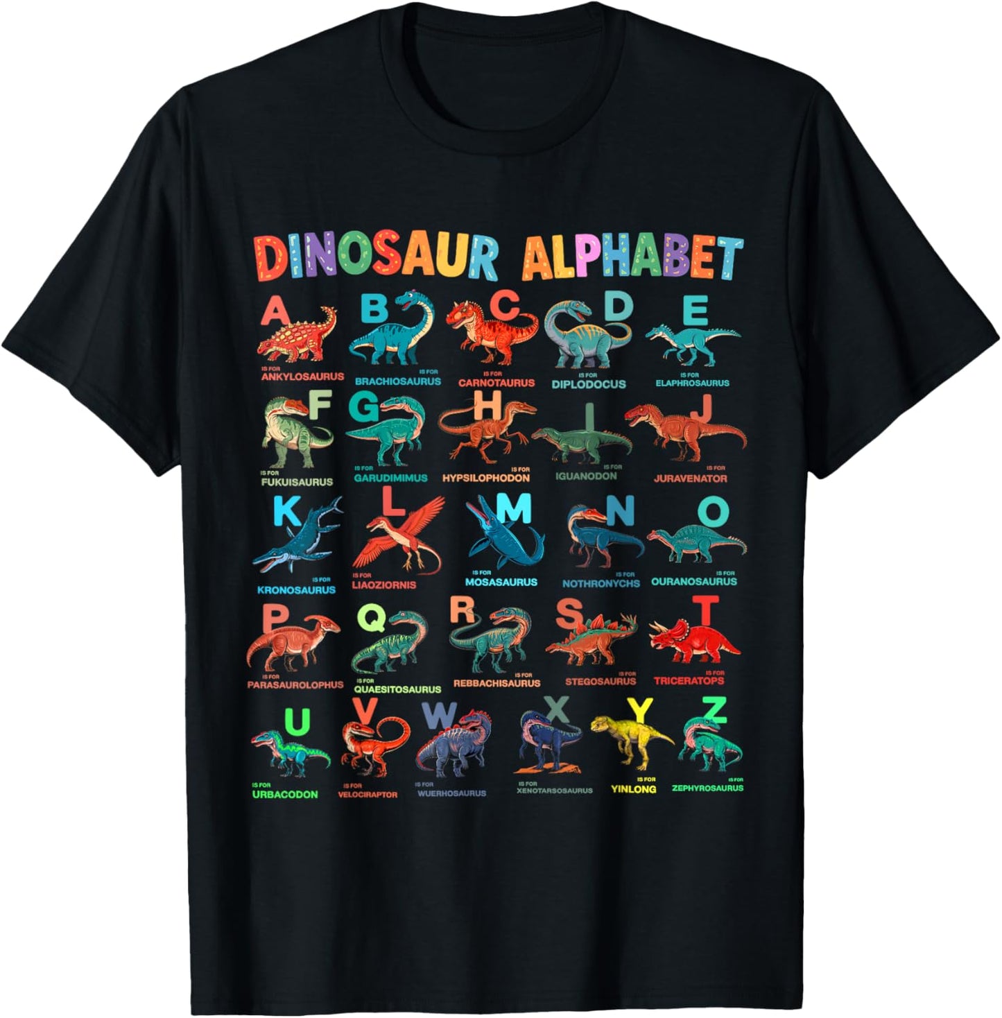 Types Of Dinosaurs Alphabet A-Z ABC Dino Identification Kids T-Shirt