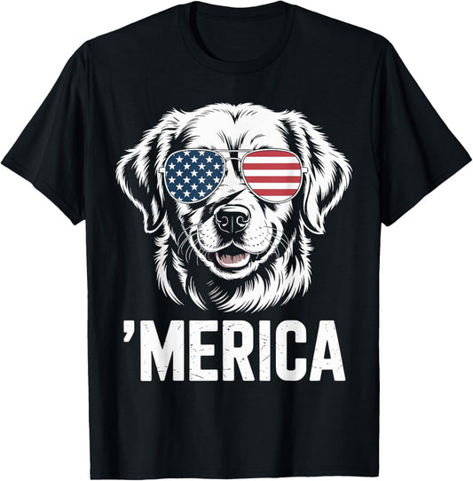 Golden Retriever Patriotic Dog USA Flag Sunglasses 'Merica T-Shirt