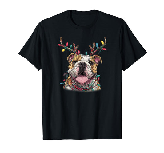 Santa English Bulldog Reindeer Light Christmas T-Shirt