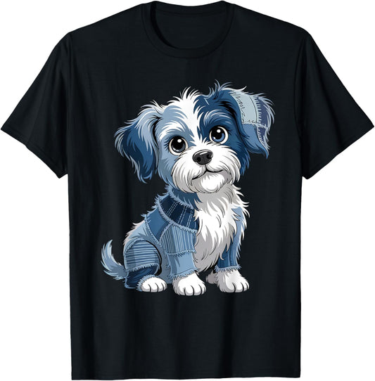 women's retro funny denim patch animal dog Design T-Shirt