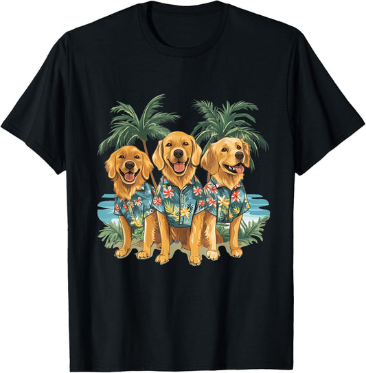 Cute Golden Retriever Dogs Hawaiian Tops Palm Trees Ocean T-Shirt