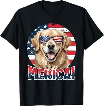 Merica Golden Retriever America Flag 4th Of July Funny T-Shirt
