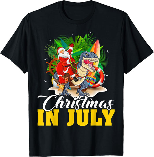 Funny Santa Riding Dinosaur T Rex Summer Christmas In July T-Shirt