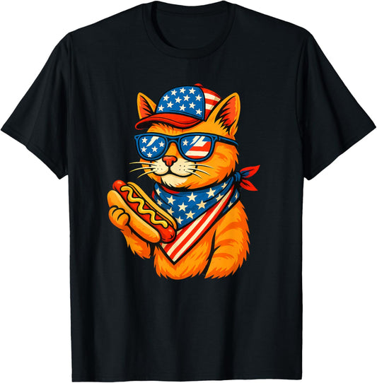 Cat 4th Of July Hotdog Patriotic Funny Cat USA American Flag T-Shirt