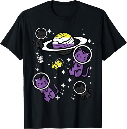 Nonbinary Cats Space Enby Pride Flag Lgbt Girls Kids Women T-Shirt