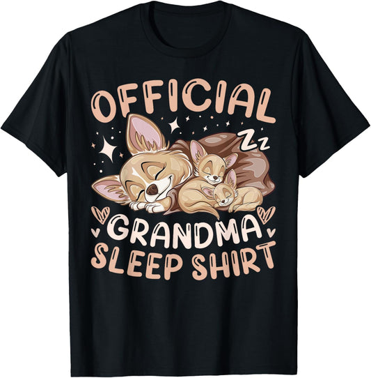 Official Grandma Sleep Shirt, Chihuahua Dog with 2 Puppies T-Shirt