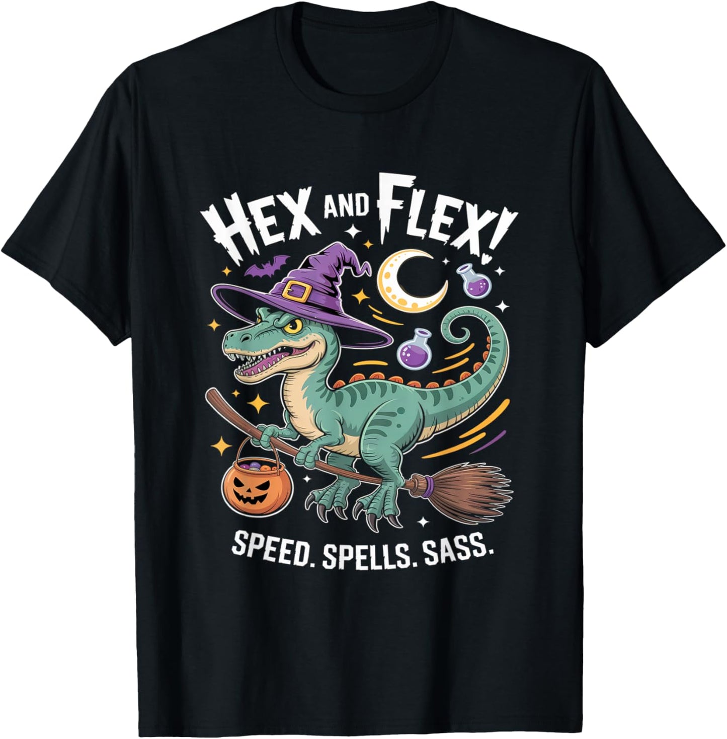 Funny Dino Witch Halloween Hex and Flex Raptor T-Shirt