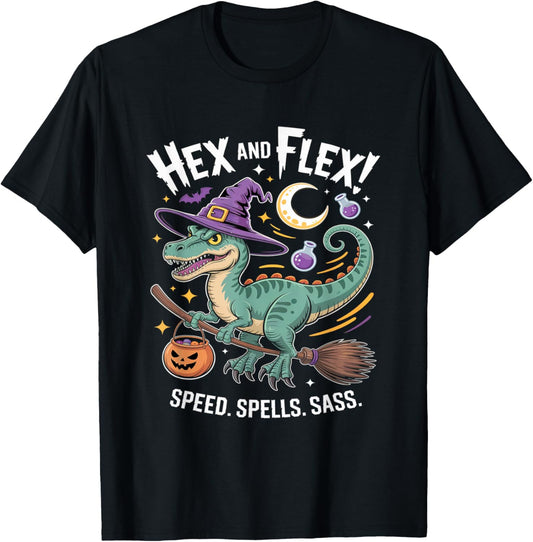 Funny Dino Witch Halloween Hex and Flex Raptor T-Shirt
