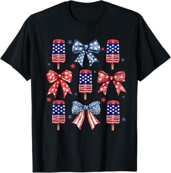 4th Of July Cute Popsicle Coquette Bow Patriotic Ice Cream T-Shirt