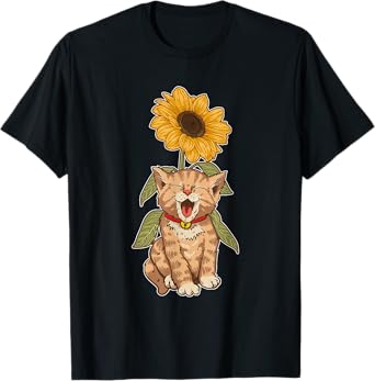 Cat Animal Kitten Yellow Flower Sunflower Pet Kitty Cat T-Shirt