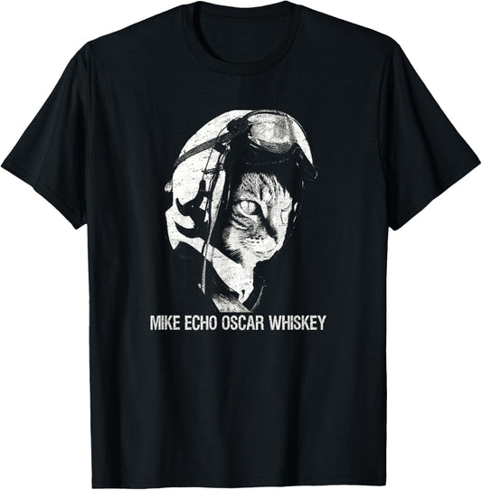 Mike Echo Oscar Whiskey MEOW Flying Cat T-Shirt
