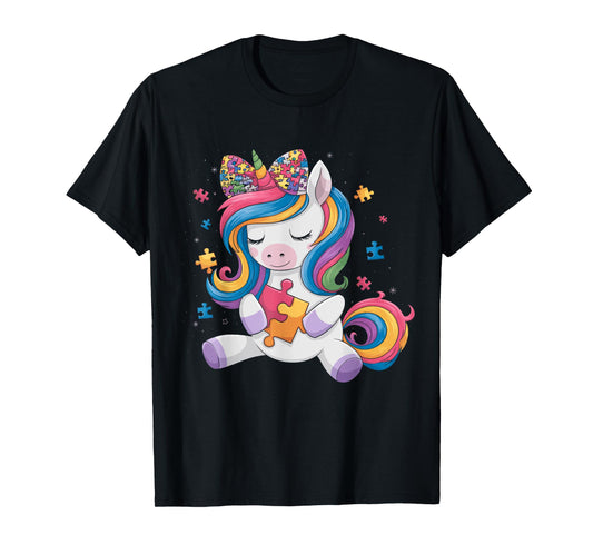 Cute Autism Awareness Toddler Girl Bow Unicorn Puzzle Piece T-Shirt