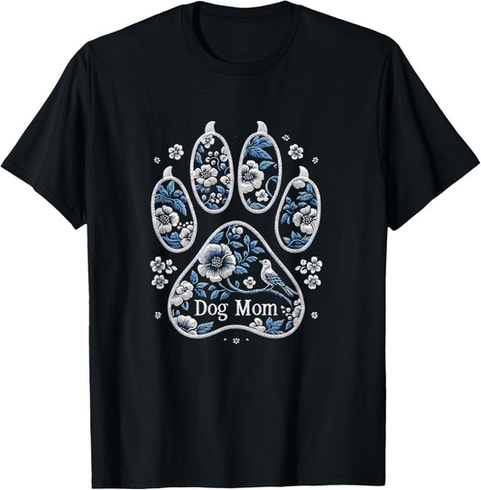 Dog Mom Floral Paw Print – Vintage Embroidered Style look T-Shirt