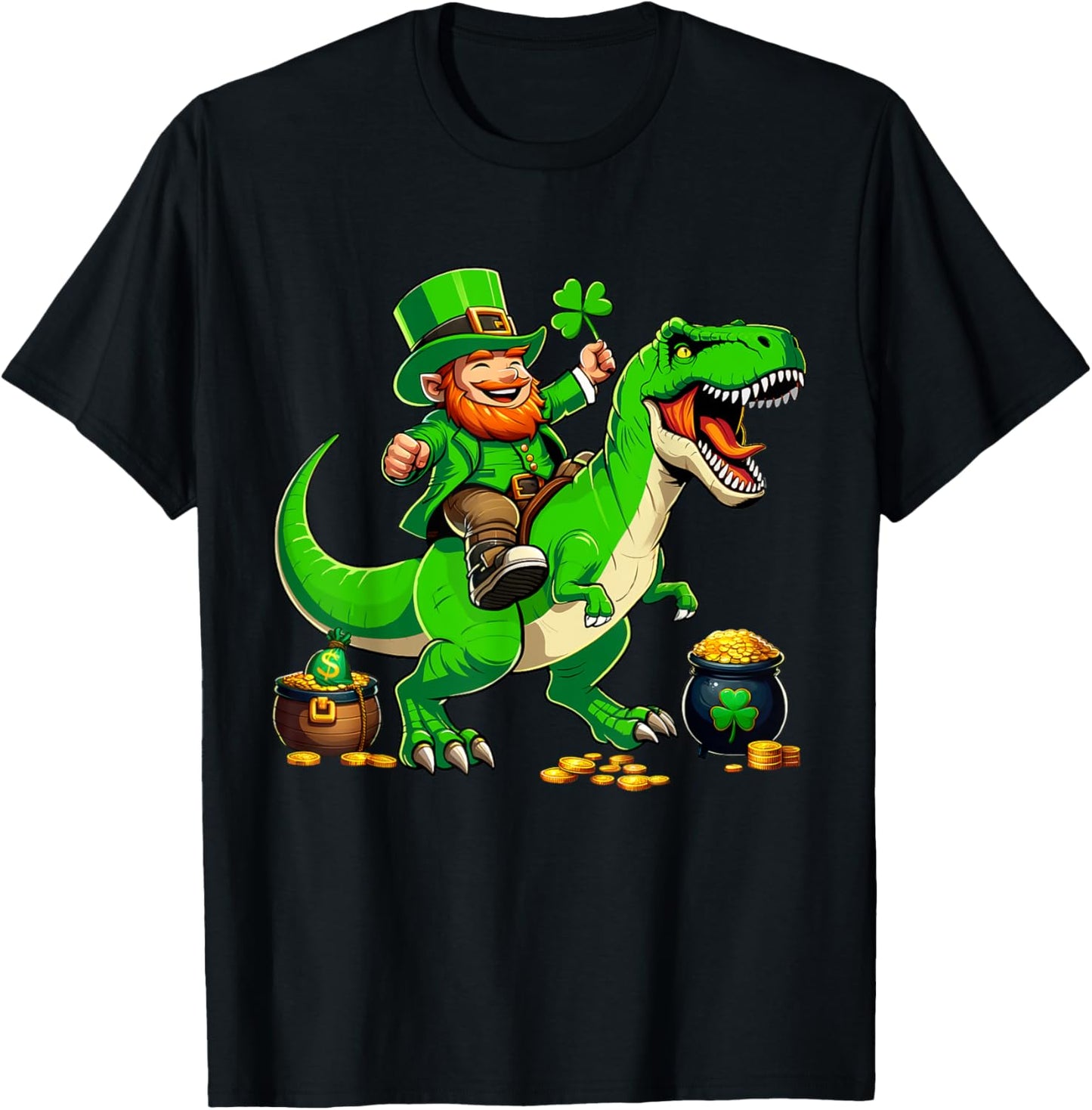 St Patricks Day leprechaun Riding T-Rex Dinosaur Boys Kids T-Shirt