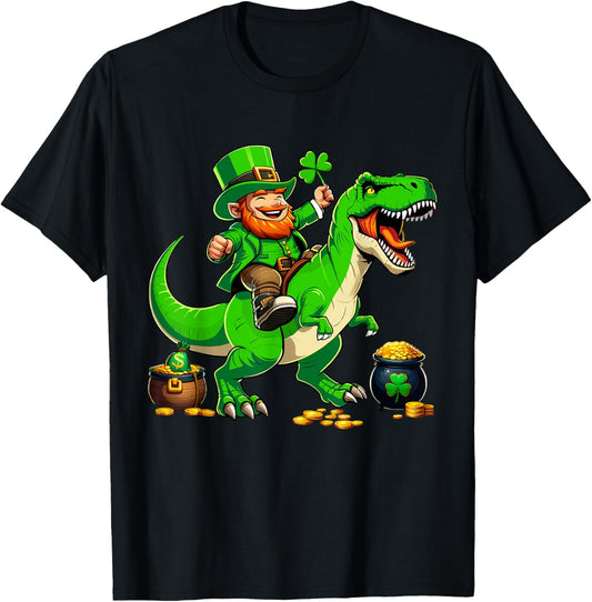 St Patricks Day leprechaun Riding T-Rex Dinosaur Boys Kids T-Shirt