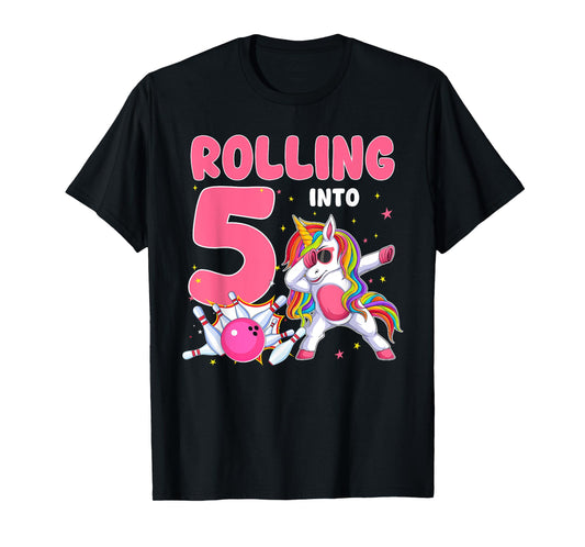 Rolling Into 5 5th Birthday Unicorn Bowling 5 Year Old T-Shirt
