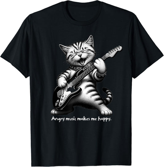 Cat Playing Electric Guitar Angry Music Makes Me Happy T-Shirt