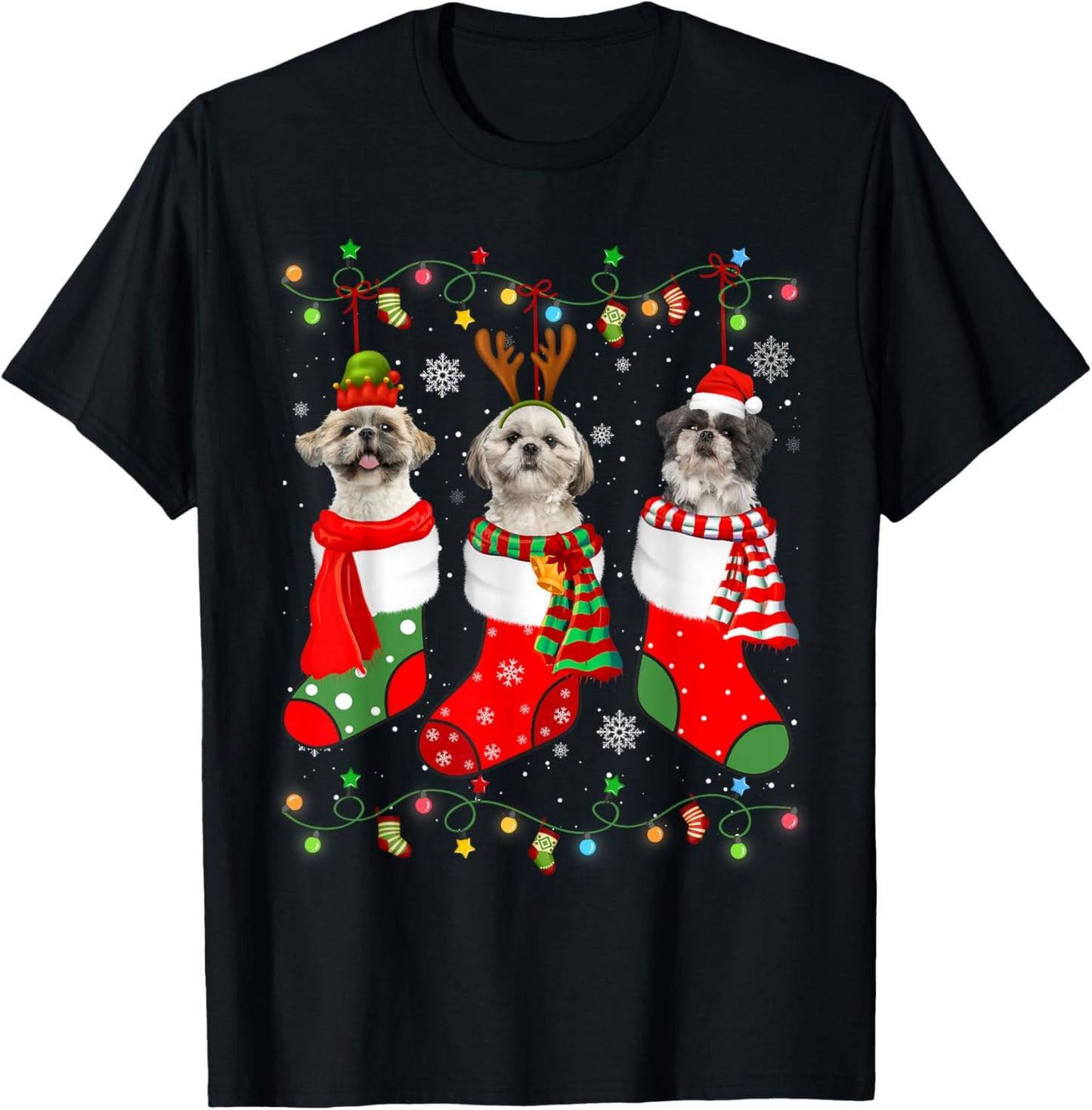 Shih Tzu Dog Christmas Socks Santa Hat Xmas Lights T-Shirt