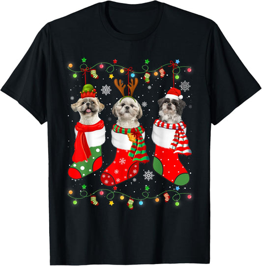 Shih Tzu Dog Christmas Socks Santa Hat Xmas Lights T-Shirt