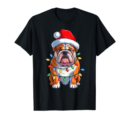 English Bulldog Dog Christmas Lights Santa Hat Xmas Pajamas T-Shirt