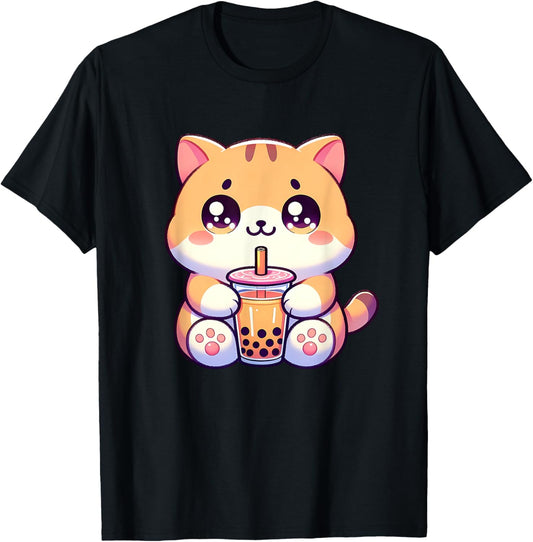 Funny Cat Boba Tea Cute Cat Anime With Bubble Tea Lover T-Shirt