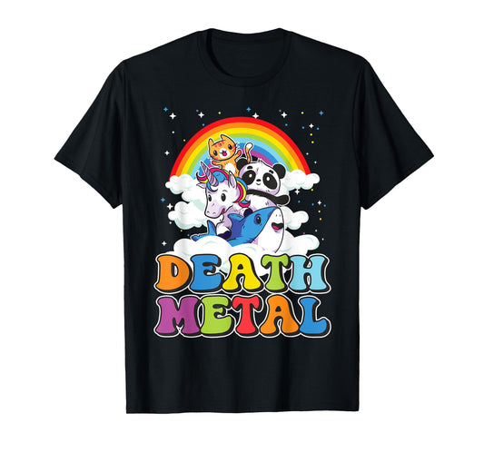 Retro Death Metal Cat Rainbow Unicorn Funny Heavy Metal T-Shirt