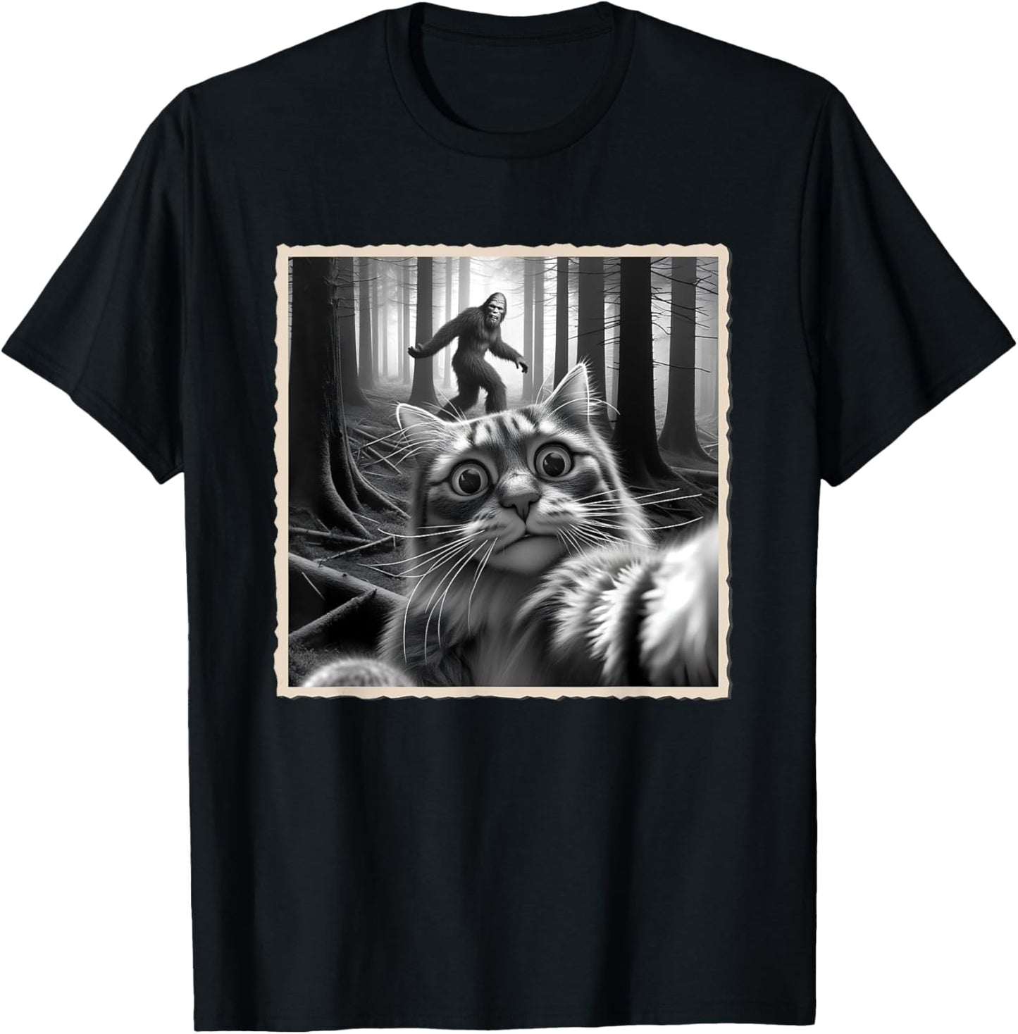Funny Cat Selfie with Bigfoot, Sasquatch & Humor, Funny Cat T-Shirt