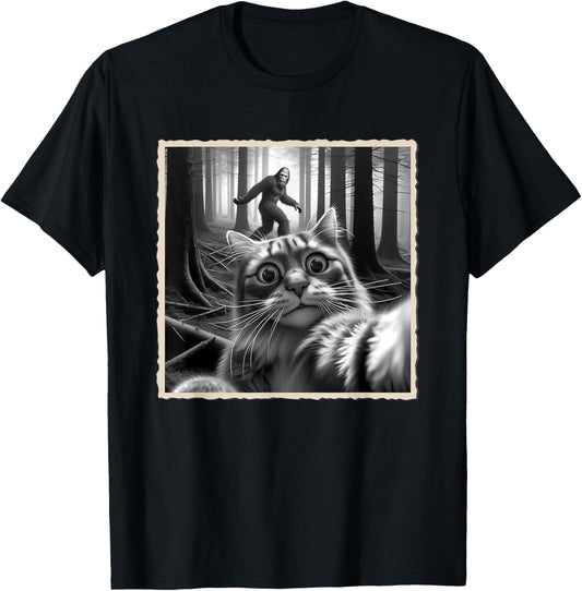 Funny Cat Selfie with Bigfoot, Sasquatch & Humor, Funny Cat T-Shirt
