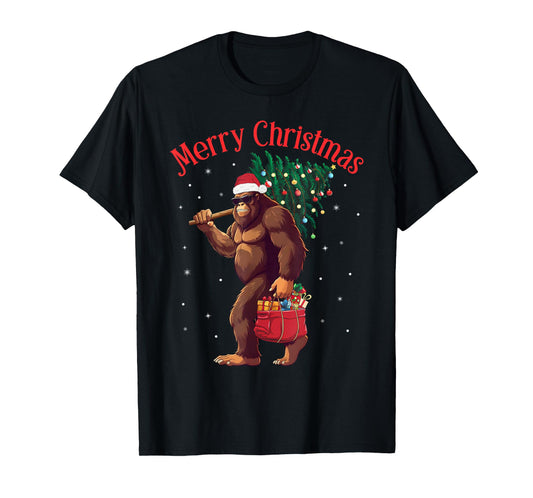 Bigfoot Merry Christmas Tree Lights Sasquatch Xmas Santa T-Shirt