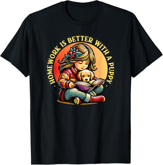 Cute Girl Reading, Golden Retriever Puppy, Back to School T-Shirt