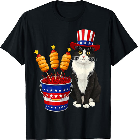 4th Of July Tuxedo Cat Patriotic With Firecracker Hot Dogs T-Shirt