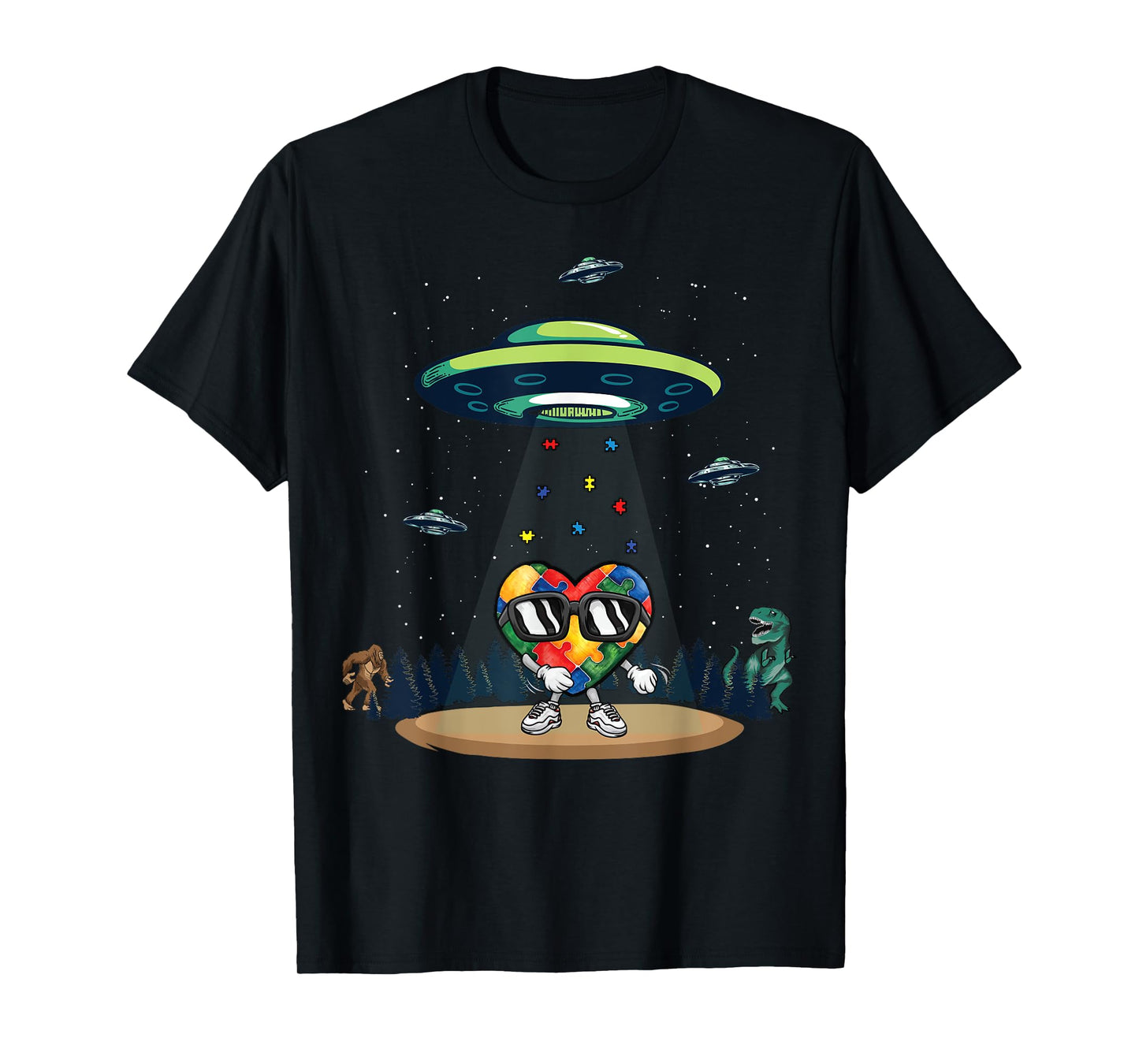 UFO Dinosaur Bigfoot Love Kindness Autism Awareness Puzzle T-Shirt