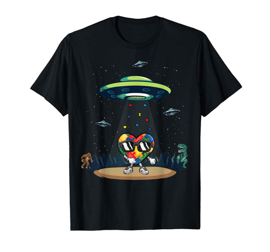 UFO Dinosaur Bigfoot Love Kindness Autism Awareness Puzzle T-Shirt