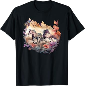 Horses Flowers Mountain Boho Western Southern Cowgirl T-Shirt