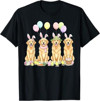 Golden Retriever Dogs With Bunny Ears Egg Basket Easter Day T-Shirt