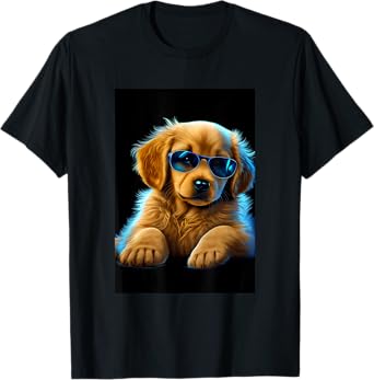 Cute Adorable Golden Retriever Puppy Sunglasses Digital Art T-Shirt