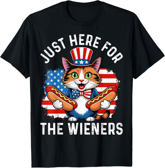 Just Here For The Wiener 4th of July Hot Dog Cat Patriotic T-Shirt