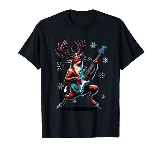 Rock & Roll Reindeer Bass-Guitar Bassist Christmas T-Shirt