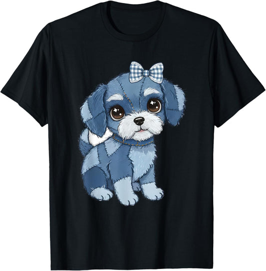 dog pattern denim patchwork art T-Shirt
